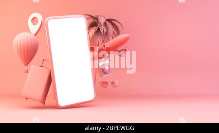 Smartphone rose avec concept d'objets de voyage rendu 3d Banque D'Images