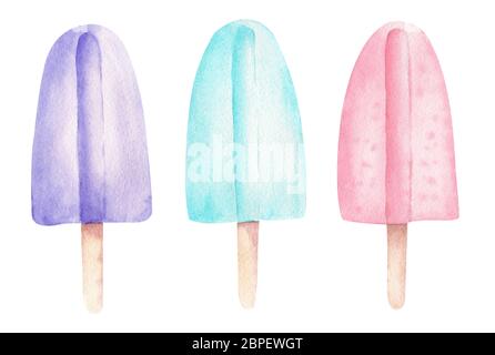 Glaces de fruits à la crème, à l'isolement sur fond blanc. La nourriture d'été aquarelle clipart. Illustration dessinée à la main. Banque D'Images