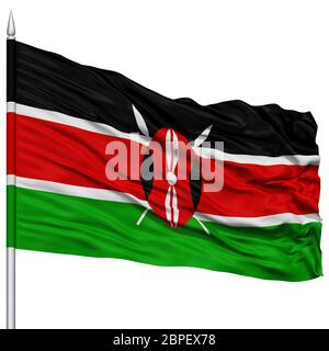 Kenya drapeau sur mât , Vol au Vent, isolé sur fond blanc Banque D'Images