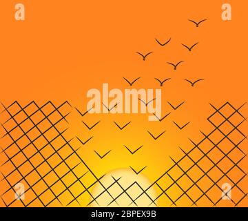 Vector illustration d'un wire mesh fence se transforment en oiseaux volant loin sur le Ciel de coucher du soleil. Liberté, de courage et de succès concept. Banque D'Images