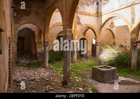 Un des nombreux chantiers dans une maison abandonnée. Arcade avec arcs sur une colonne. Base d'une ancienne fontaine. Herbe et plantes. Dar Caïd Hadji (également utilisé Hajji), Banque D'Images