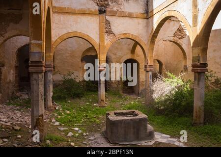 Un des nombreux chantiers dans une maison abandonnée. Arcade avec arcs sur une colonne. Base d'une ancienne fontaine. Herbe et plantes. Dar Caïd Hadji (également utilisé Hajji), Banque D'Images