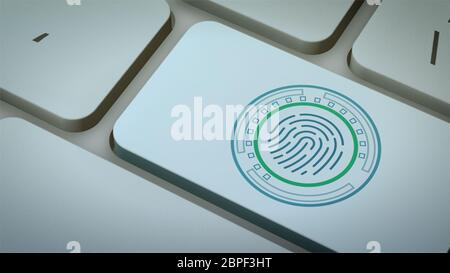 Vue rapprochée d'un clavier d'ordinateur avec un scanner d'empreintes digitales d'une touche (3d render) Banque D'Images
