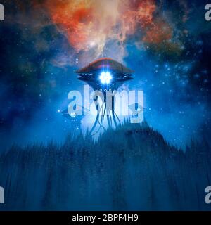 Envahisseurs de nuit / 3D illustration de la scène de science-fiction rétro avec des machines exotiques géantes atterrissant sur la montagne de forêt brumeux Banque D'Images