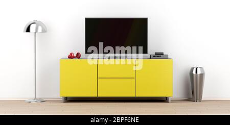 Téléviseur à LED avec écran vide sur meuble tv moderne dans le salon, vue avant Banque D'Images