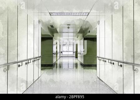 Un couloir de l'hôpital de la santé, le détail de la santé et de la médecine, centre hospitalier, les médecins et les infirmières, de guérison Banque D'Images