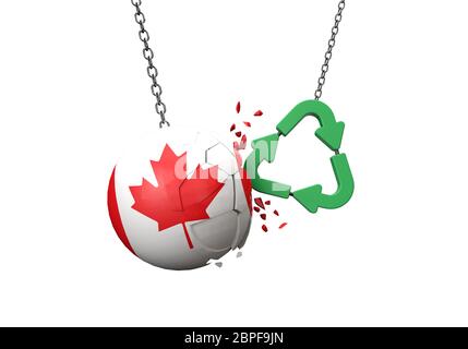 Le symbole de recyclage vert s'écrasant dans une boule drapeau du Canada. Rendu 3D Banque D'Images