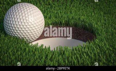 détail d'une balle de golf sur le point de tomber dans le trou. personne autour. 3d render. cible, succès, sport et concept amusant. Banque D'Images