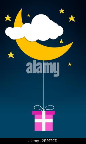 Cloud moon stars with pink gift, 3D rendering Banque D'Images