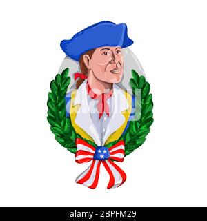 Retro style aquarelle illustration d'un patriote américain ou soldat révolutionnaire portant chapeau tricorne tricorne ou couronne de feuilles d'oliviers et USA star Banque D'Images