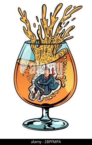 Ivrogne saute dans un verre d'alcool. Comic cartoon retro pop art dessin illustration vectorielle Banque D'Images