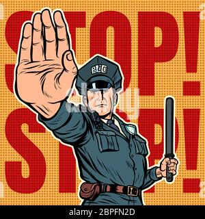 Agent de police arrêter de geste. Pop art retro vintage kitsch vector illustration Banque D'Images