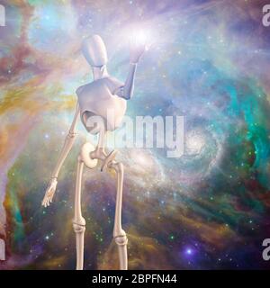 Robot et l'espace profond. Univers coloré avec des galaxies et des nébuleuses Banque D'Images