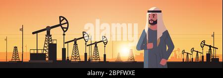 homme d'affaires arabe sur la pompejack de production de pétrole commerce industrie du pétrole concept pompes équipement industriel forage engin coucher de soleil fond portrait horizontal illustration vectorielle Illustration de Vecteur