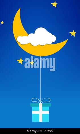 Cloud moon stars with blue gift, 3D rendering Banque D'Images