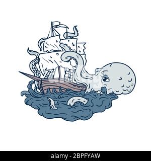 Doodle art illustration d'un kraken, un légendaire de céphalopodes comme monstre marin géant attaque un voilier avec ses tentacules sur mer avec tumulte Banque D'Images