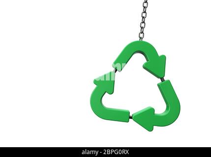 Symbole de recyclage vert accroché à une chaîne. Rendu 3D Banque D'Images