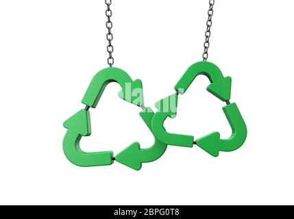 Symbole de recyclage vert accroché à une chaîne. Rendu 3D Banque D'Images