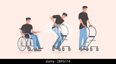 évolution de l'homme handicapé patient assis en fauteuil roulant rester avec des béquilles de réadaptation concept horizontal pleine longueur vecteur illustration Illustration de Vecteur