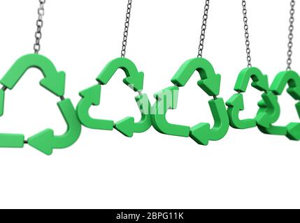 Symbole de recyclage vert accroché à une chaîne. Rendu 3D Banque D'Images