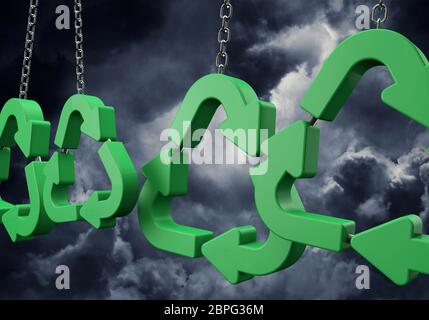 Symbole de recyclage vert accroché à une chaîne contre des nuages sombres. Rendu 3D Banque D'Images