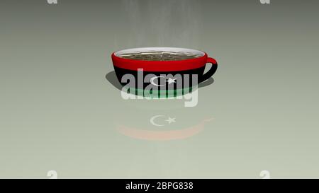 Libye placée sur une tasse de café chaud dans une illustration 3D miroir sur le sol avec une perspective réaliste et des ombres Banque D'Images