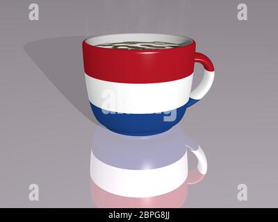 LES PAYS-BAS ont placé sur une tasse de café chaud, mis en miroir sur le sol dans une illustration 3D avec une perspective et des ombres réalistes Banque D'Images