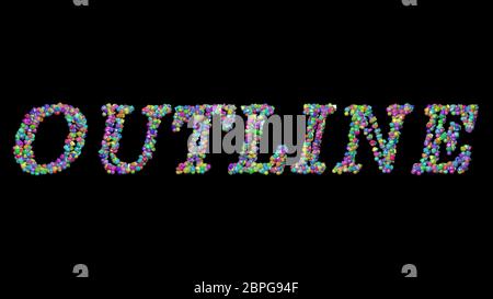 Écriture 3D colorée de texte de contour avec de petits objets sur un fond sombre et une ombre correspondante Banque D'Images
