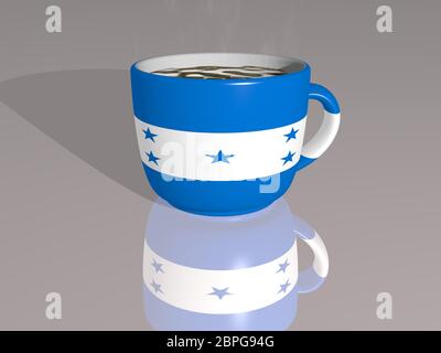 Le Honduras a placé une tasse de café chaud dans une illustration 3D qui se reflète sur le sol avec une perspective et des ombres réalistes Banque D'Images