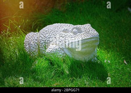 Statue extérieure de la grenouille blanche dans l'herbe Banque D'Images