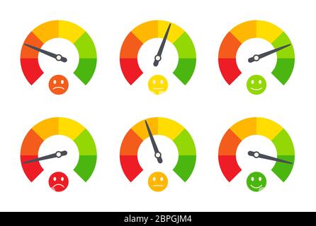 Ensemble d'indicateurs d'entreprise, émoticônes émotionnelles, indiquant la qualité, le niveau, la notation. Évaluations de différents niveaux comme pauvres, mauvais, normaux, bons Illustration de Vecteur