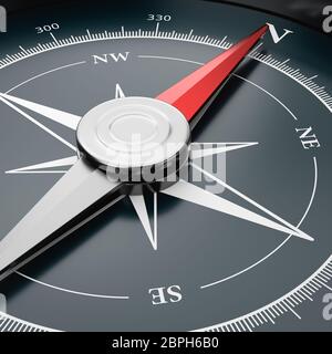 Compas magnétique rouge métallique avec aiguille pointée vers le nord Close-up 3D Illustration Banque D'Images