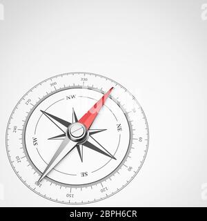 Compas magnétique avec aiguille rouge avec Copyspace sur fond blanc 3D Illustration Banque D'Images