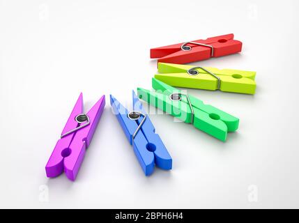 Ensemble de cinq Clothespin plastique en couleur sur fond blanc, 3D Illustration Banque D'Images