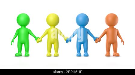 Quatre des personnages 3D multicolore Holding Hands Illustration sur fond blanc Banque D'Images