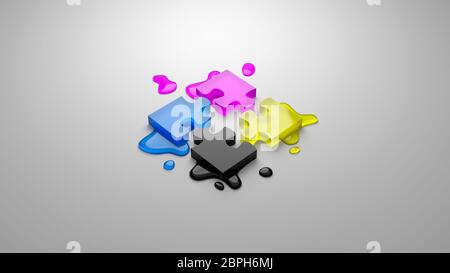 Quatre couleurs CMYK pièces de puzzle vitreux combinée avec les taches d'encre sur fond gris 3D Illustration, concept Processus Four-Color Banque D'Images