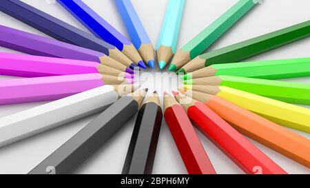 Arc-en-ciel de crayons en bois coloré disposées en cercle sur fond blanc 3D Illustration Banque D'Images