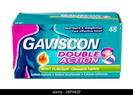 Comprimés double action de Gaviscon, comprimés de Gaviscon, comprimés de brûlures d'estomac de Gaviscon, comprimés d'indigestion de Gaviscon, bicarbonate de sodium, alginate de sodium, Banque D'Images