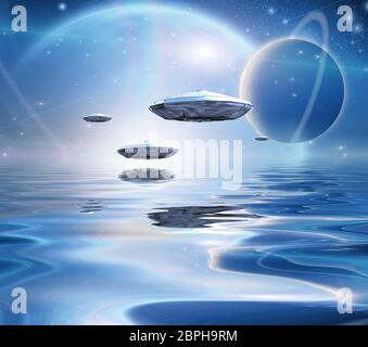 Exosolar planètes se lever sur les eaux calmes. Engins spatiaux. Le rendu 3D Banque D'Images