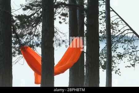 Hamac orange suspendu dans les arbres au crépuscule contre un paysage brumeux avec un lac. Saison des nuits blanches, République de Carélie, Russie. ECO-touri Banque D'Images