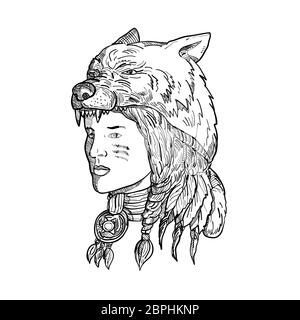 Style croquis dessin illustration d'un Native American femme portant une coiffe loup, coiffures et chapeaux à la recherche à l'autre en noir et blanc sur les Banque D'Images