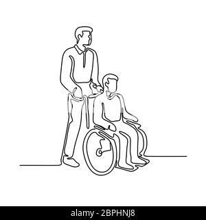 Ligne continue illustration d'un patient à l'hôpital ou désactiver personne avec handicap assis ou être pousser sur wheelcahir par un infirmier fait en monolin Banque D'Images