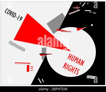 Covid-19 affiche de propagande contre les droits de l'homme et la vérité dans le style d'art contemporain de la suprématie. El Lissitzky Banque D'Images