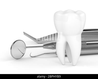rendu 3d des instruments de diagnostic dentaire et dentaire sur fond blanc Banque D'Images