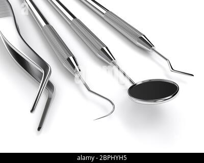 rendu 3d des instruments de diagnostic dentaire sur fond blanc Banque D'Images