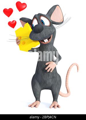 Le rendu 3D d'un sourire mignon cartoon souris tenant un morceau de fromage et à le regarder avec amour. Arrière-plan blanc. Banque D'Images