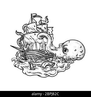 Illustration de style tatouage d'un kraken, un légendaire monstre marin géant semblable à un céphalopode attaquant un voilier avec ses tentacules en mer avec tumultuou Banque D'Images