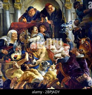 Jésus conduisant les marchands du Temple par Jacob JORDAENS (Anvers, 1593 - Anvers, 1678) ( le tumulte décrit dans le Nouveau Testament Jésus entre dans le Temple et, avec un fouet, fait sortir tous les marchands qui salient son sacralité avec leur commerce de base. ) Banque D'Images