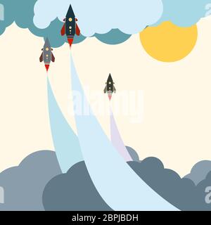 Cartoon art couleur jet rocket dans les nuages ciel bleu Banque D'Images