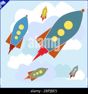 Cartoon art couleur jet rocket dans les nuages ciel bleu Banque D'Images